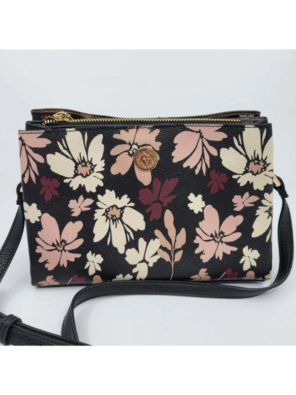 Anne Klein Black Floral Crossbody Bag Adjustable Strap Gold Hardware